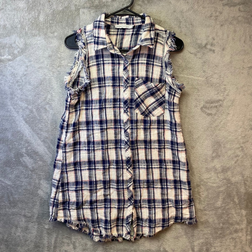 Paper Crane Sleeveless Plaid Button Down Shirt Small Navy Red White Frayed Hem